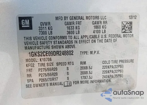 2013 GMC Yukon Slt из США, поврежденный, VIN 1GKS2CE09DR248802